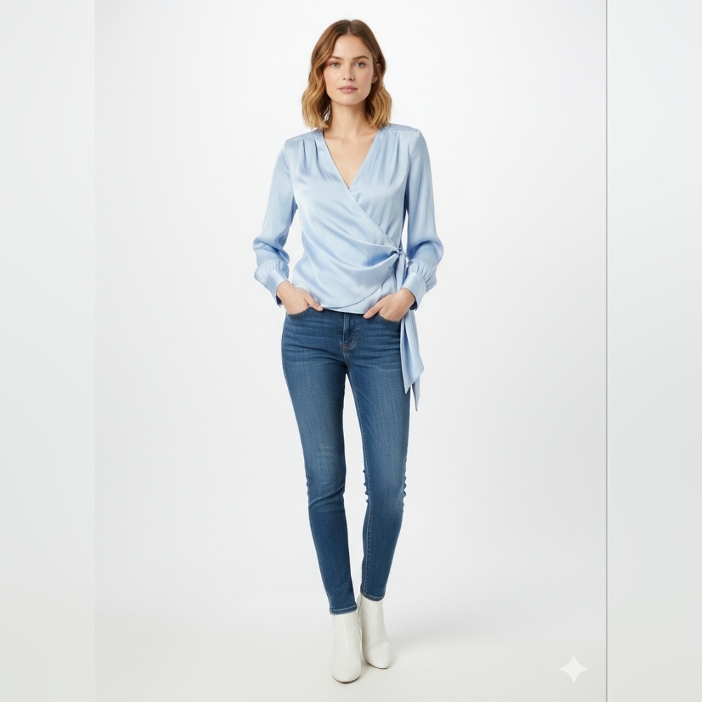 Worthington Faux Wrap Satin Blouse Pastel Blue Long Sleeve Size L